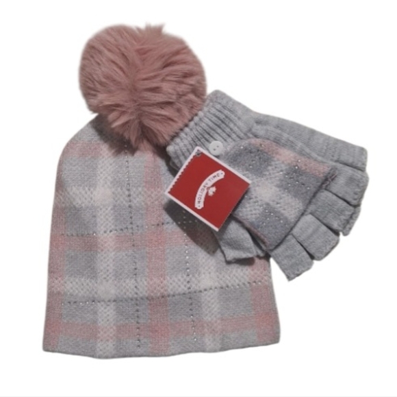 Womens Pink Grey White Plaid Beanie Gemstone Fingerless Gloves Beanie Hat Set - Picture 1 of 1